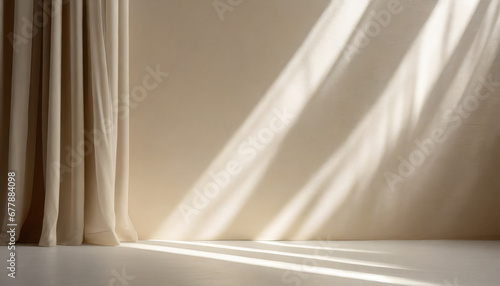 minimalistic abstract gentle light beige background for product presentation with light and shadow of window curtains on wall