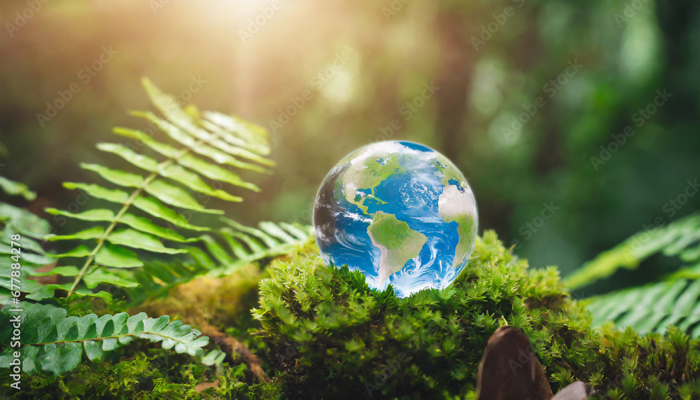 environment concept crystal earth on moss in forest with ferns and sunlight environment save clean planet ecology concept earth day banner with copy space environment concept crystal earth on moss in forest with ferns and sunlight environment save clean planet ecology concept earth day banner with copy space
