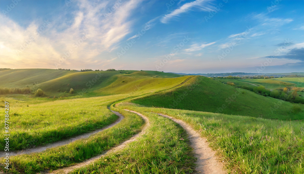 picturesque winding path through a green grass field in hilly area in morning at dawn against blue sky with clouds natural panoramic spring summer landscape