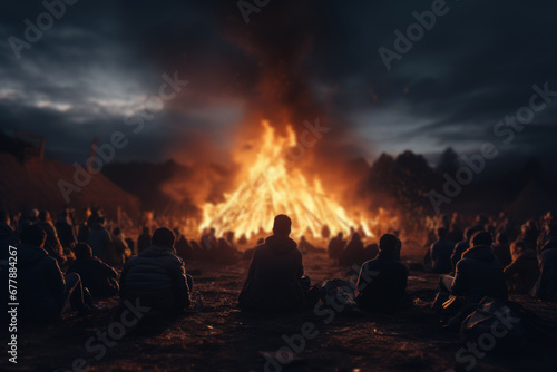 A group of people gathered around a bonfire to mark the Orthodox Old New Year. Concept of community and warmth. Generative Ai.