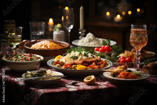 A festive Orthodox Old New Year's dinner table adorned with traditional dishes. Concept of cultural celebration and culinary traditions. Generative Ai.