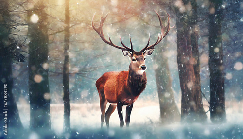 red deer stag in the winter forest noble deer male banner with beautiful animal in the nature habitat wildlife scene from the wild nature landscape wallpaper christmas background © Art_me2541