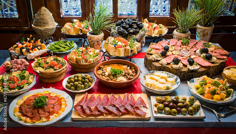 spanish feast buffet laden with tapas offers meat cheese olives and more a delightful array of appetizers makes for a hearty and diverse dinner
