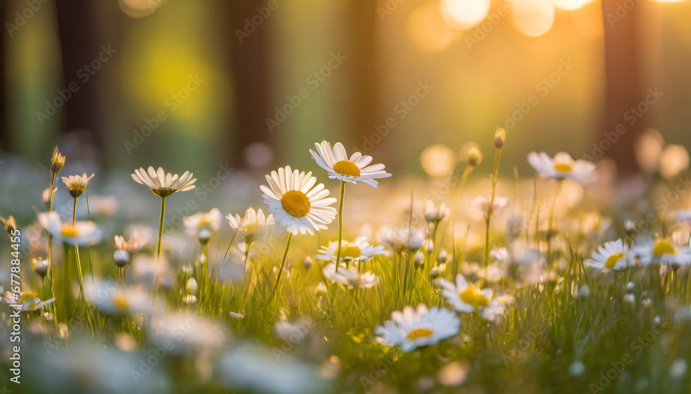idyllic daisy bloom abstract soft focus sunset field landscape of white flowers blur grass meadow warm golden hour sunset sunrise time tranquil spring summer nature closeup bokeh forest background - obrazy, fototapety, plakaty 