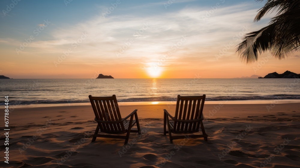 Two empty beach chairs on a sandy beach with the sun setting in the background.