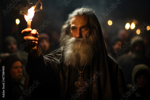 An Orthodox priest blessing the congregation during a midnight Old New Year's service. Concept of religious rituals and blessings. Generative Ai.