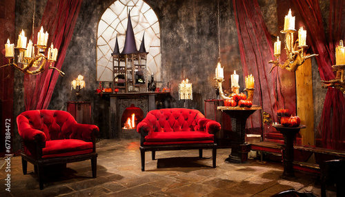 vampire dracula castle interior victorian red furnitures halloween concept generative ai photo