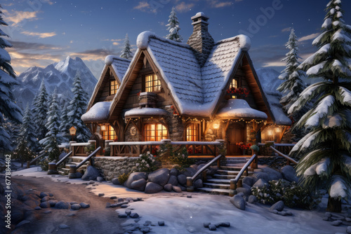 A cozy winter cabin covered in snow, ready for Old New Year's festivities. Concept of winter getaways and relaxation. Generative Ai. © Sebastian