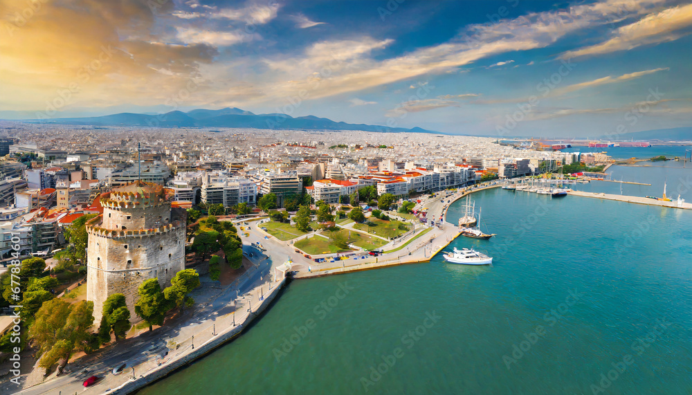 Naklejka premium aerial panoramic view of the main symbol of thessaloniki city and the whole of macedonia region the white tower concept of travel and sightseeing attractions in greece