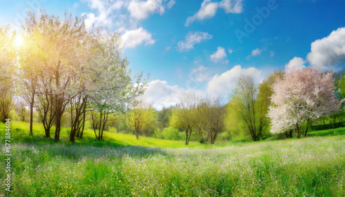 beautiful blurred spring background nature with blooming glade trees and blue sky on a sunny day