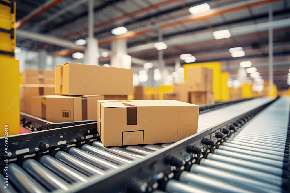 Cardboard Boxes On Conveyor Belt In The Warehouse Modern Warehousing and Logistics Facility with Conveyor and Machinery
