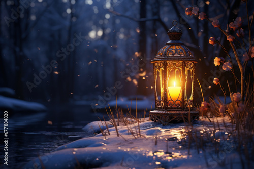 A serene candlelit Old New Year's walk through the snowy woods. Concept of nature appreciation and quiet reflection. Generative Ai.