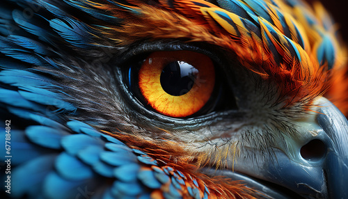 Majestic bird of prey with vibrant feathers stares into camera generated by AI