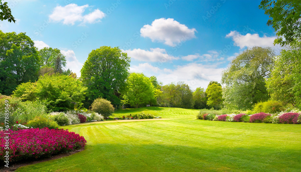 beautiful wide format image of a manicured country lawn surrounded by trees and shrubs on a bright summer day spring summer nature beautiful wide format image of a manicured country lawn surrounded by trees and shrubs on a bright summer day spring summer nature