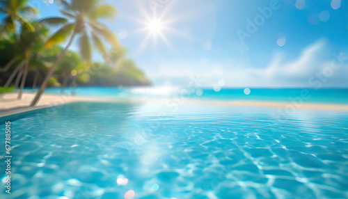 tropical nature clean sea beach summer vacation travel blurred sun light blue ocean water sky and bokeh abstract background sunshine shades of blue artistic natural swimming pool texture © Art_me2541
