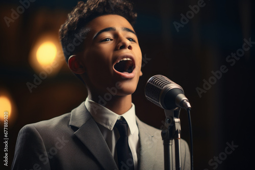 A young poet reciting a spoken word piece inspired by Martin Luther King Jr.'s legacy. Concept of artistic expression and social commentary. Generative Ai. photo