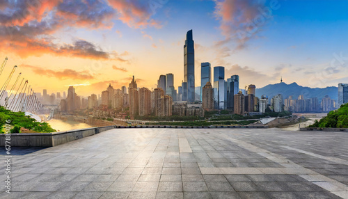 city square and skyline with modern buildings in chongqing at sunrise china