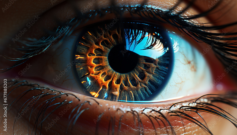 Blue iris staring, close up of a woman beautiful eye generated by AI