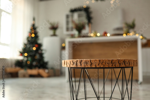Wooden stage mockup with Christmas background