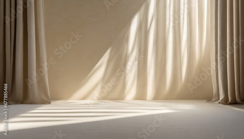 minimalistic abstract gentle light beige background for product presentation with light and shadow of window curtains on wall