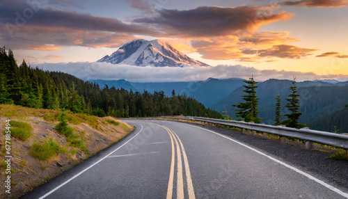 road leading towards mount rainier or tahoma in cascades range with sunset clouds hovering low in sky