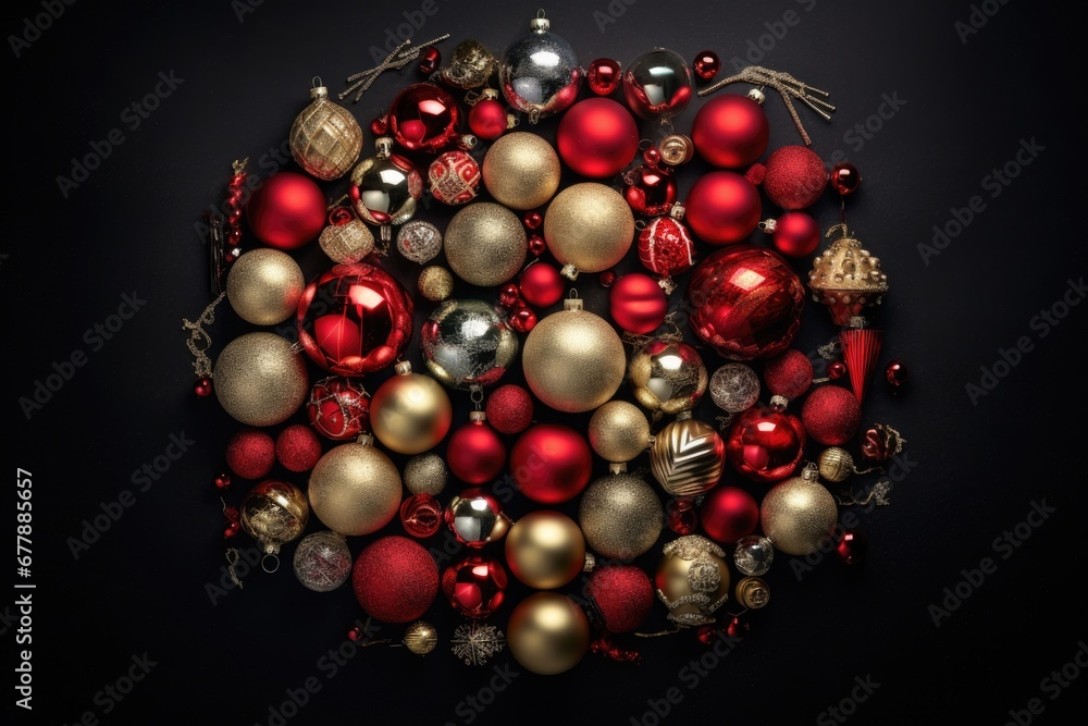 Set of Christmas toys and balls on dark background. New Year concept. Set of Christmas toys and balls on dark background. New Year concept.