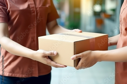 Delivery Man Handling Parcel Boxes For Sending To Customer At House