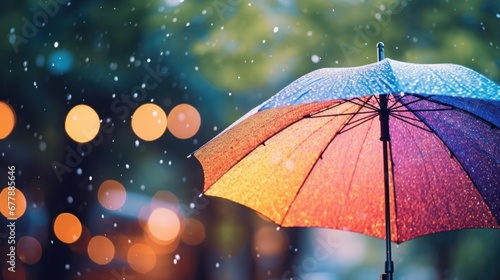 Colorful umbrella in the rain on a rainy day, providing shelter from the downpour.