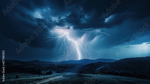 A dramatic lightning storm illuminates the night sky over the majestic mountains.