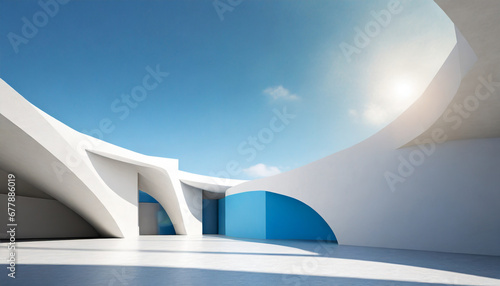 abstract 3d white architecture interior for design modern contemporary indoor and outdoor curved wall blue architecture with sunny day photo