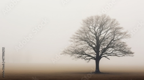 A solitary tree emerges from the mist on an open field. © OKAN