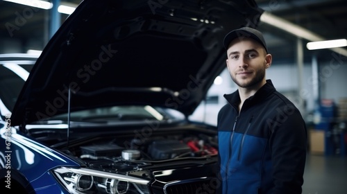 Confident technician standing next to a car with the hood open. © OKAN