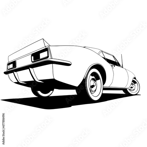 Vector Illustration rear view of American Muscle Car Cartoon Outlines Sketch Isolated On Transparent Background