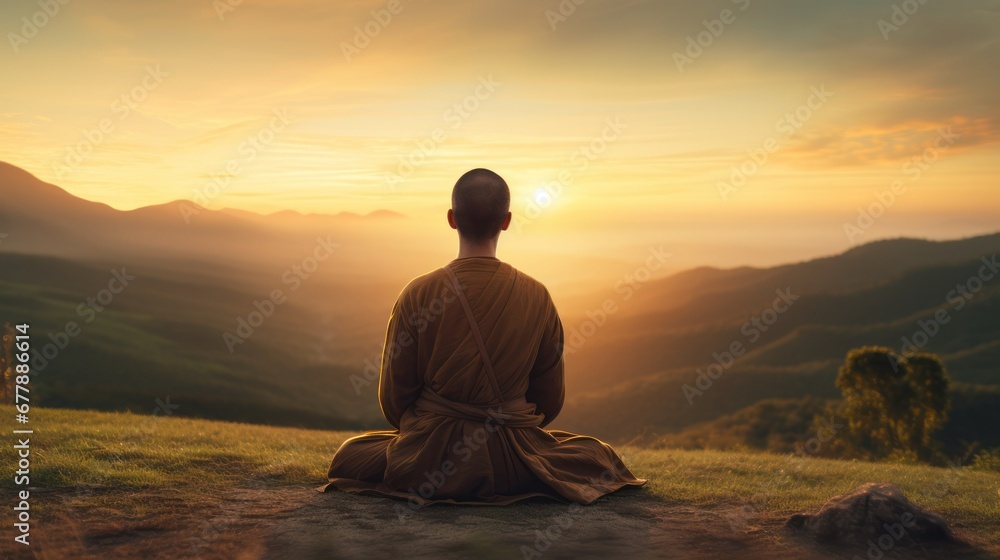 A serene monk sitting on a rock, contemplating the beauty of the sunset.