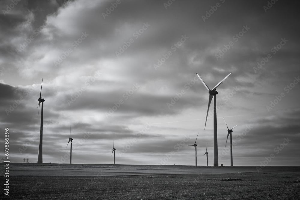 wind farm at sunrise in Romania