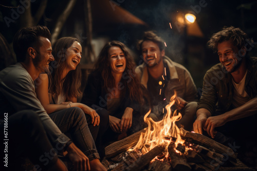 A group of friends huddled around a bonfire, roasting marshmallows and sharing stories with laughter. Concept of togetherness and campfire camaraderie. Generative Ai.