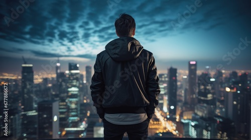 A man gazes at a dazzling cityscape under the night sky, captivated by the urban beauty.