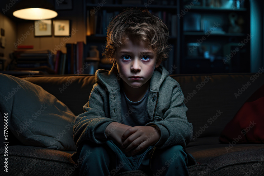 A child with a downcast expression, sitting alone in a dimly lit room. Concept of isolation and childhood struggles. Generative Ai.