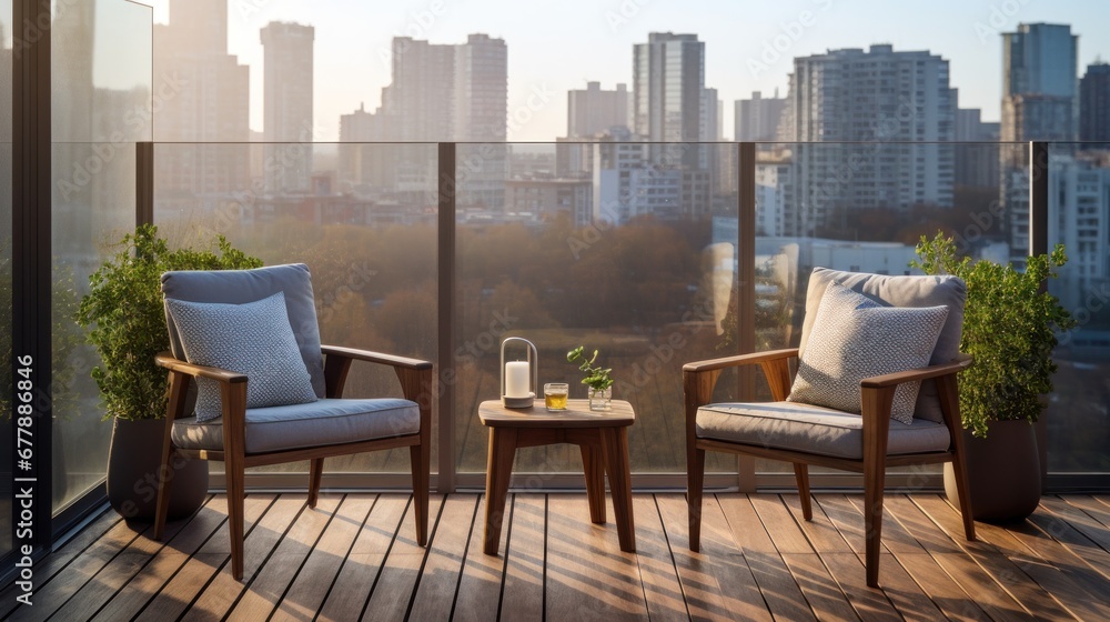 Balcony chairs with city view.