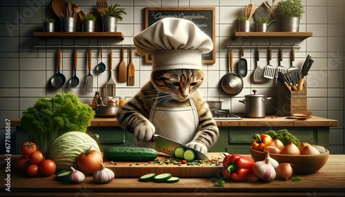 Cat chef preparing a meal in the kitchen. © chand