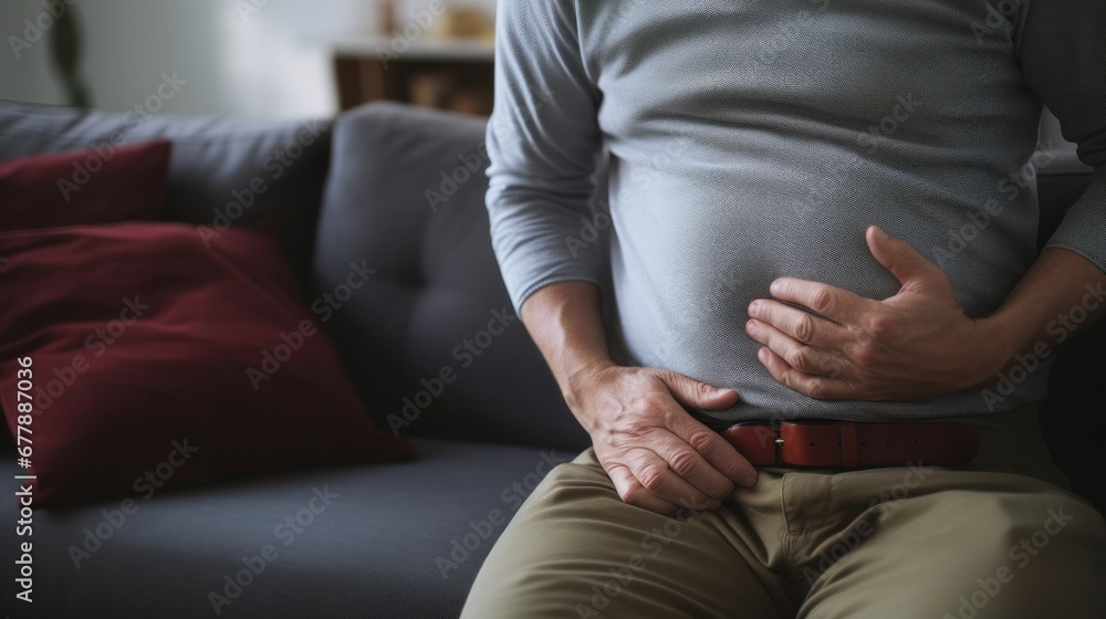 Man holding his stomach in hand in pain reflecting his stomach ache.