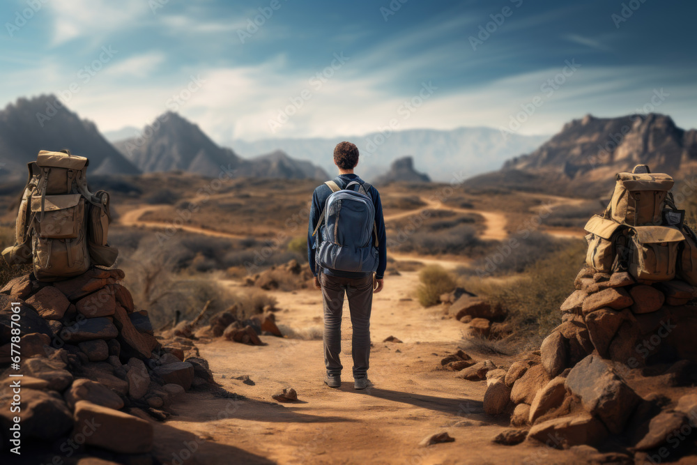 An individual with a heavy backpack, standing at a crossroads, contemplating life's choices. Concept of decision-making and uncertainty. Generative Ai.