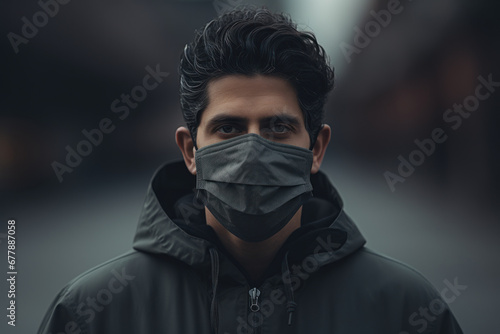 A person wearing a mask during a pandemic, displaying a weary expression. Concept of health crisis and uncertainty. Generative Ai.