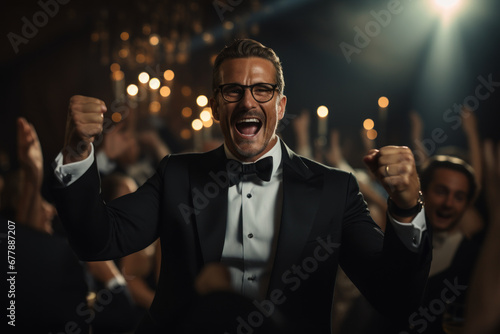 A businessman pumps his fist in joy after receiving a prestigious industry award at a black-tie event. Concept of industry recognition and excellence. Generative Ai. photo