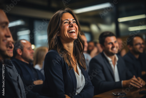 A businesswoman showcases a delighted expression while witnessing her team complete a complex project ahead of schedule. Concept of project management success. Generative Ai.
