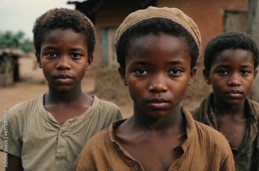 Group portrait of African children in a village pose for a photo looking at camera. Poverty concept Group portrait of African children in a village pose for a photo looking at camera. Poverty concept