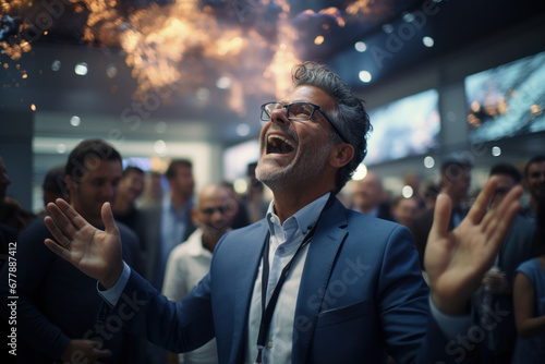 A male manager expresses his elation as he unveils a new, innovative product to a captivated audience. Concept of product launches and innovation. Generative Ai. photo