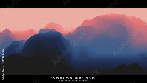 Abstract colorful landscape with misty fog till horizon over mountain slopes. Gradient eroded terrain surface. Worlds beyond. photo
