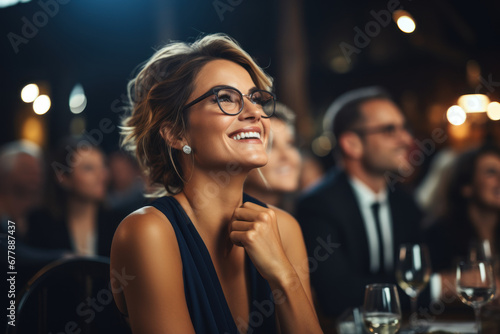 A CEO radiates happiness while attending an industry gala, acknowledging the strength of her business network and relationships. Generative Ai.