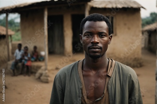 Portrait of an African man Looking at the Camera with a Blurred Rural Village in the Background. Black Male Representing Future, Hope, and Acceptance.